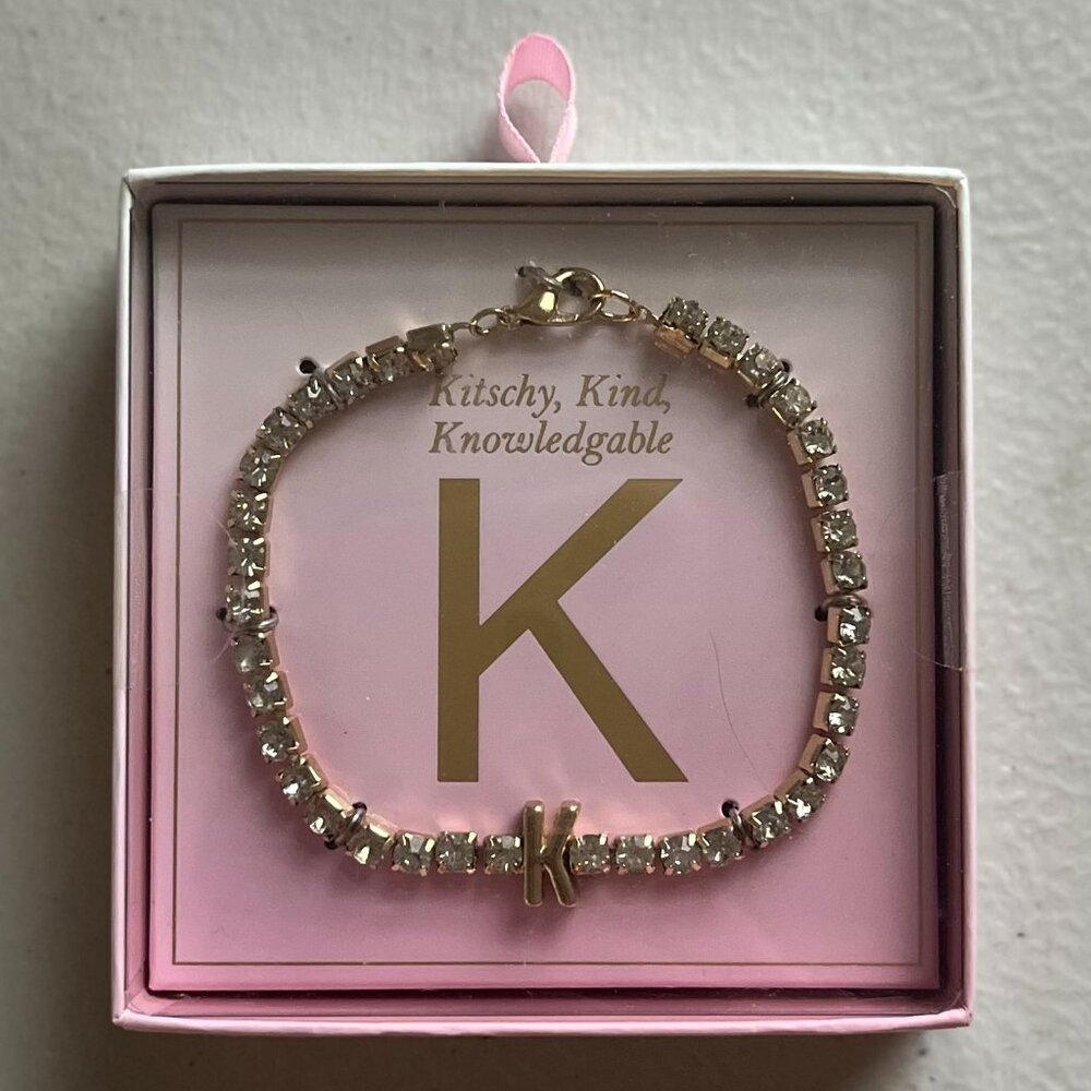 NEW Gold “K” Charm Bracelet Rhinestone Accents Pink Gift Box UNOPENED